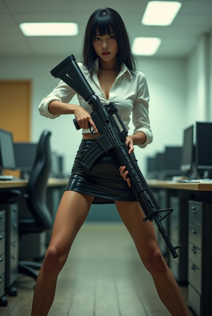beautiful chinese office lady mini latex skirt white shirt realistic long machine gun toting real person legs spread apart standing rampage shooting side target facing