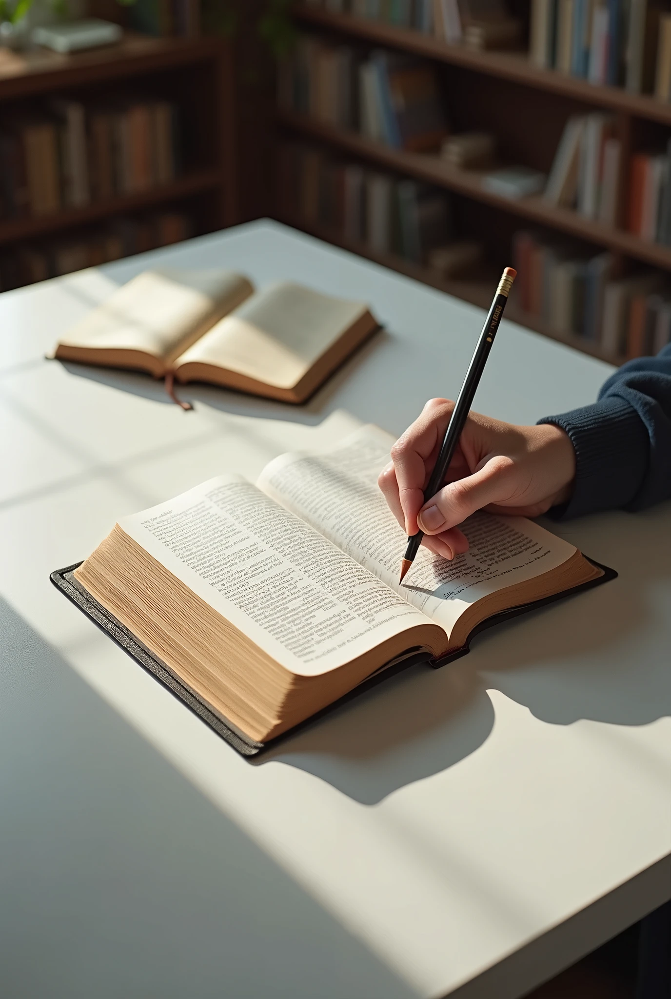 Open bible centered on white desk with hand holding a pencil and notebook next to it, in a library, study attitude, semi-aerial view