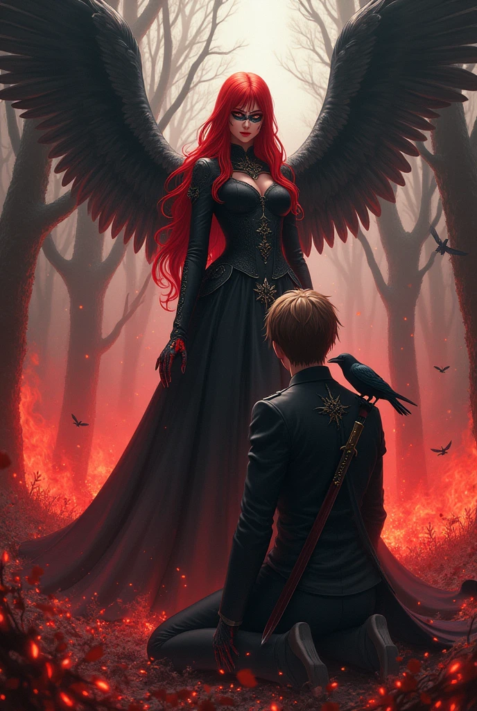 The red-haired princess and her mask on her face in an environment with red flames, kneeling before him with a sharp sword hidden behind his back, handsome, brunette and straight hair, The red-haired princess is smiling slyly at the prince, who is looking at the princess&#39;s angry and sly gaze with pleading eyes..The atmosphere is vivid and realistic, like a forest burning red, The green field burns in red. The prince kneels before the princess. JUST LIKE I TOLD YOU, CREATE THIS AS I TOLD YOU. NO, THE PRINCE KNEELS BEFORE THE PRINCESS..The princess looks taller than the prince, but the prince has fallen to the ground. The princess looks at him as if she is pleading. The princess grins slightly and looks into the prince&#39;s eyes..Prince, He kneels before his lady.Let it be realistic, Don&#39;t be an anime.LET IT BE REALISTIC AND THE PRINCESS SHOULD NOT LAUGH BUT GRIN.Just like that.Ama Princees'in kırmızı renkte kanatları olsun kanatlarından biri kopmuştur ve kan damlıyordur.Etrafta bir sürü karga uçuşsun ve kargalardan biri de Prince'in omzuna konsun.Prince'esin yuzunde maske olsun.Let one of its wings be wounded, let blood drip, let big crows fly around and let one of them be on the prince&#39;s shoulder