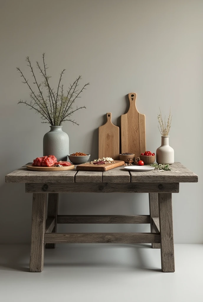 I need to generate an image for the background of a slide where it is a gray wooden table with a few utensils at one end alluding to meats and seafood.