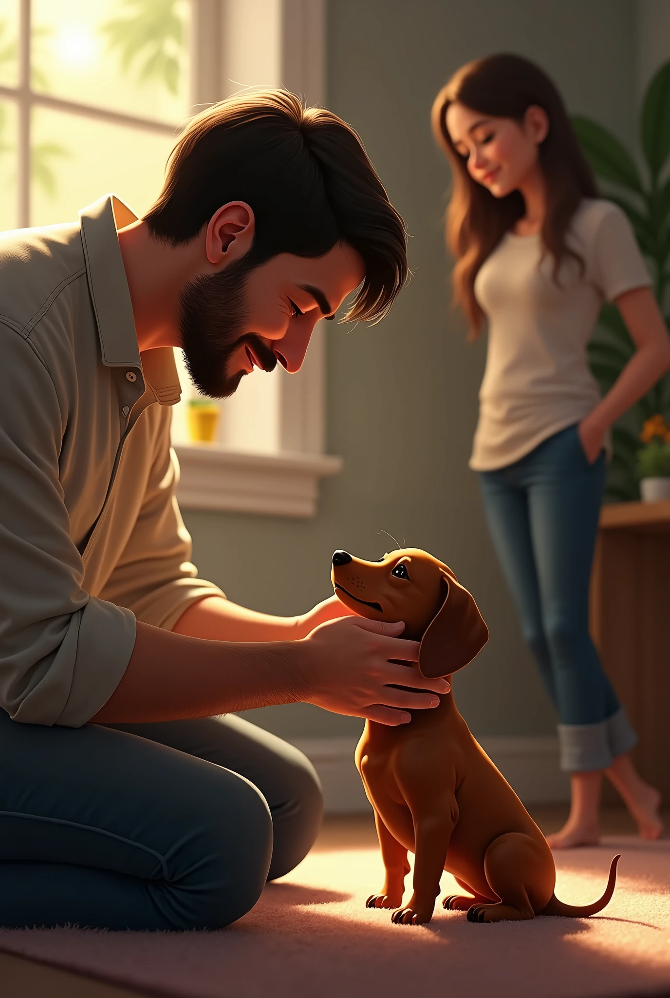 A man kneeling down, looking lovingly at a small Dachshund puppy. In the background, a woman watches with a soft smile, her presence adding warmth and depth to the scene, highlighting the bond between man, woman, and dog. Realistic