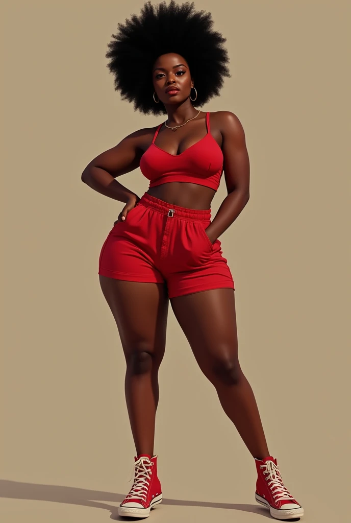 Nubian woman, black skin, ebody skin, dark skin, black afro, red croptop, underboob, hourglass figure, red short shorts, sneakers