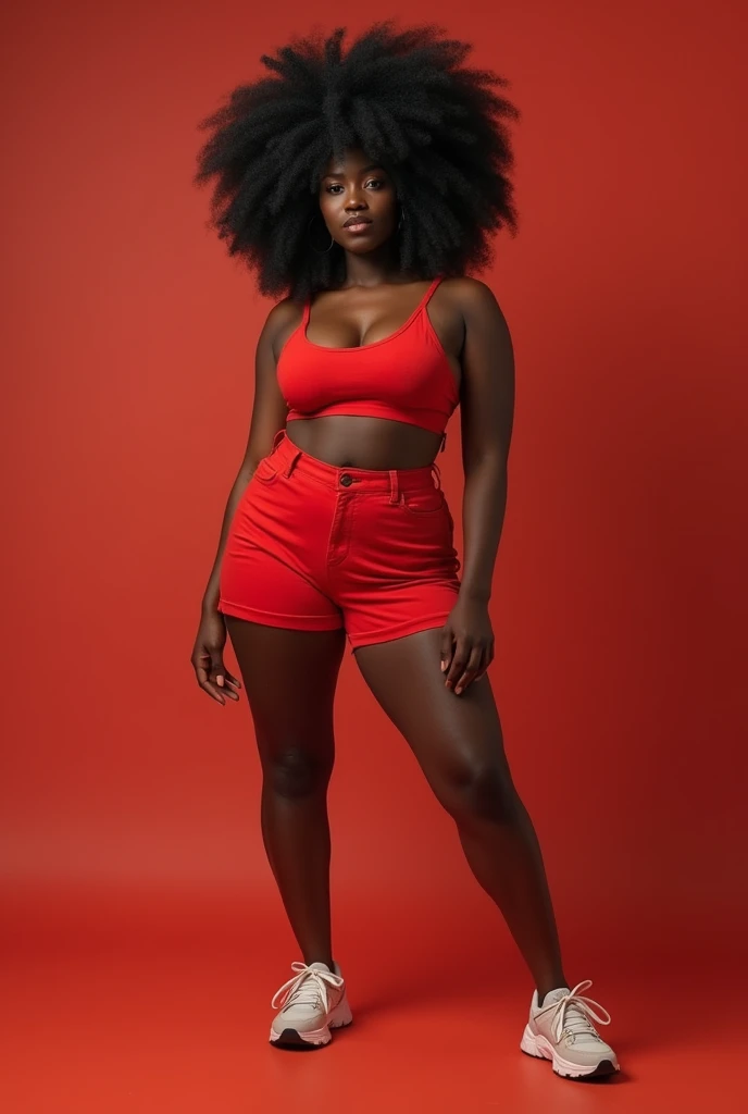 Nubian woman, black skin, ebody skin, dark skin, black afro, red croptop, underboob, hourglass figure, red short shorts, sneakers