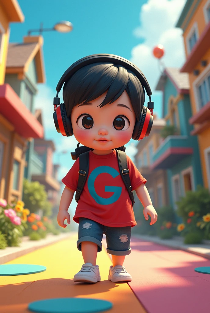 A white child with black hair parted on the side, with black and red headphones, red shirt with the letter G in blue.
Walking on a playful road with a large watch sticking out of the backpack! a little bigger