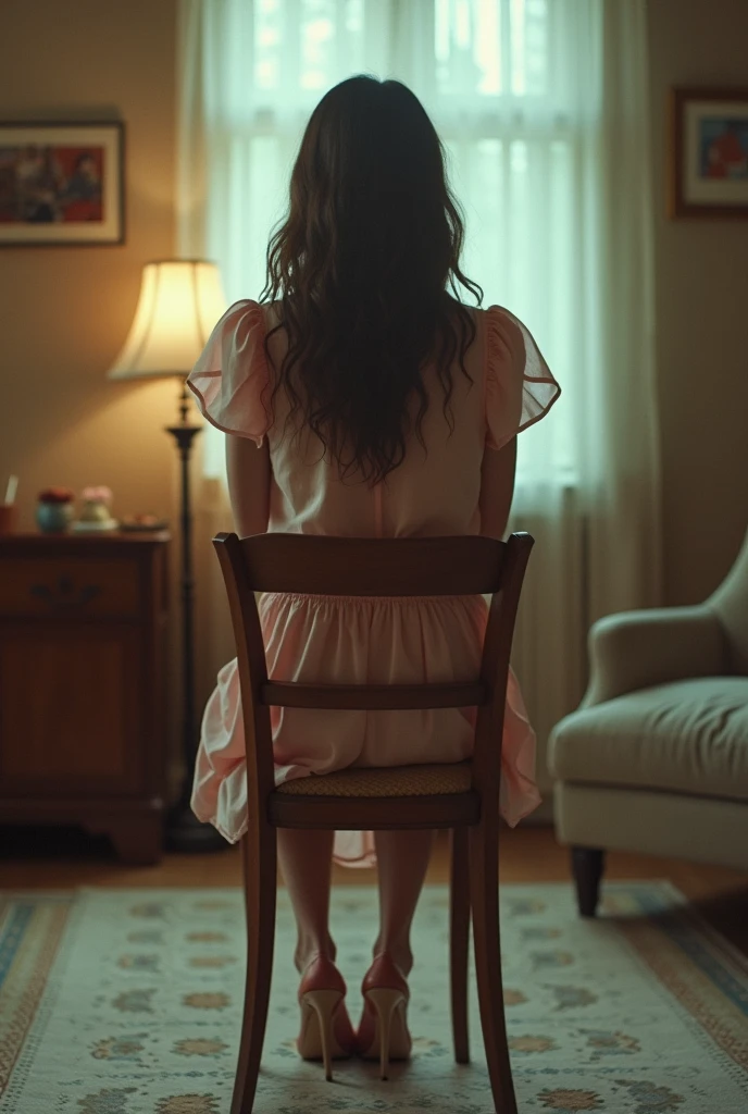 girl in her 20s sitting on wooden chair, wearing a beige-pink summer dress, 1980s vibe, vintage vibe, wearing high heels, back view, back shot, behind shot, faded photo, vintage house, cool lighting