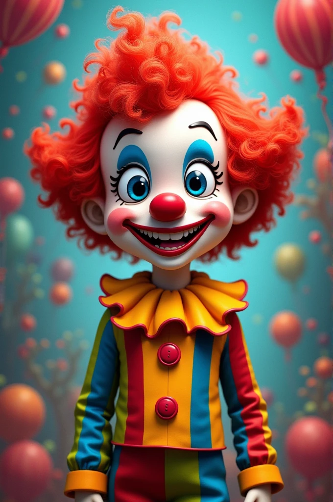 A colorful clown with red hair