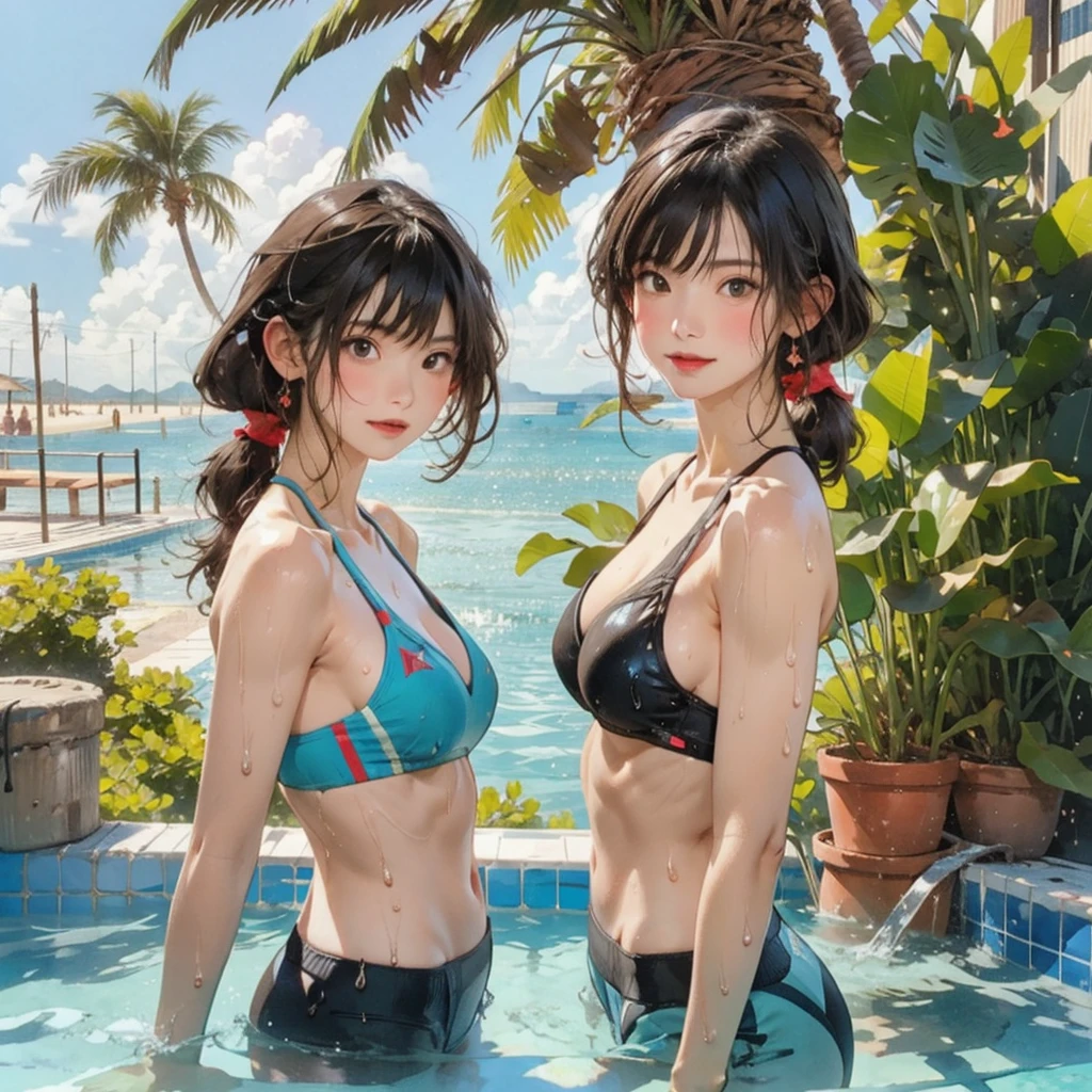 ((highest quality, masterpiece, High resolution)), ((reality)),Photos of beautiful Japanese women,((anime art))、 (((1 girl))), normal size breasts, slim body shape, long ponytail,double eyelid, Wet see-through bikini,Clean abs,muscular body, A pareo with bold ethnic patterns and plenty of primary colors、(Brown skin:1.4),realistic skin、Wet,whole body,cinematic light、tropical、Against the background of palm trees on both sides、on a sunny beach、With the sea in the background、blur background、smile