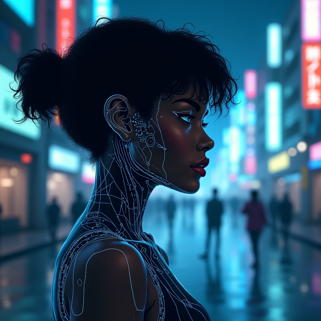 Cover design for a song about distrust and artificiality towards a woman created by an AI. The image must include a light-skinned black woman, with fine strokes, with an appearance that mixes human and technological elements, highlighting that it is 'made in AI'. Use digital elements, as circuits or programming codes, to accentuate the artificiality. The scene should be the streets of Tokyo at night, with a light cyberpunk aesthetic. The predominant colors should be blue and silver. The woman must look elegant, but with an aura of mystery and a touch of robotics.