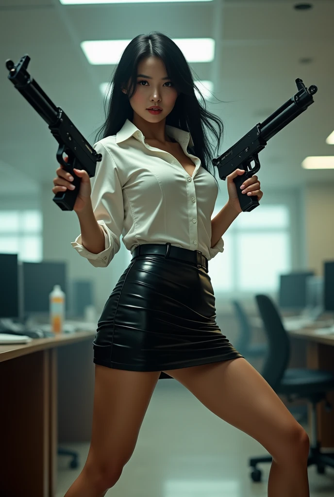 beautiful chinese office lady mini latex skirt white shirt realistic long machine gun toting real person legs spread apart standing rampage shooting side target facing