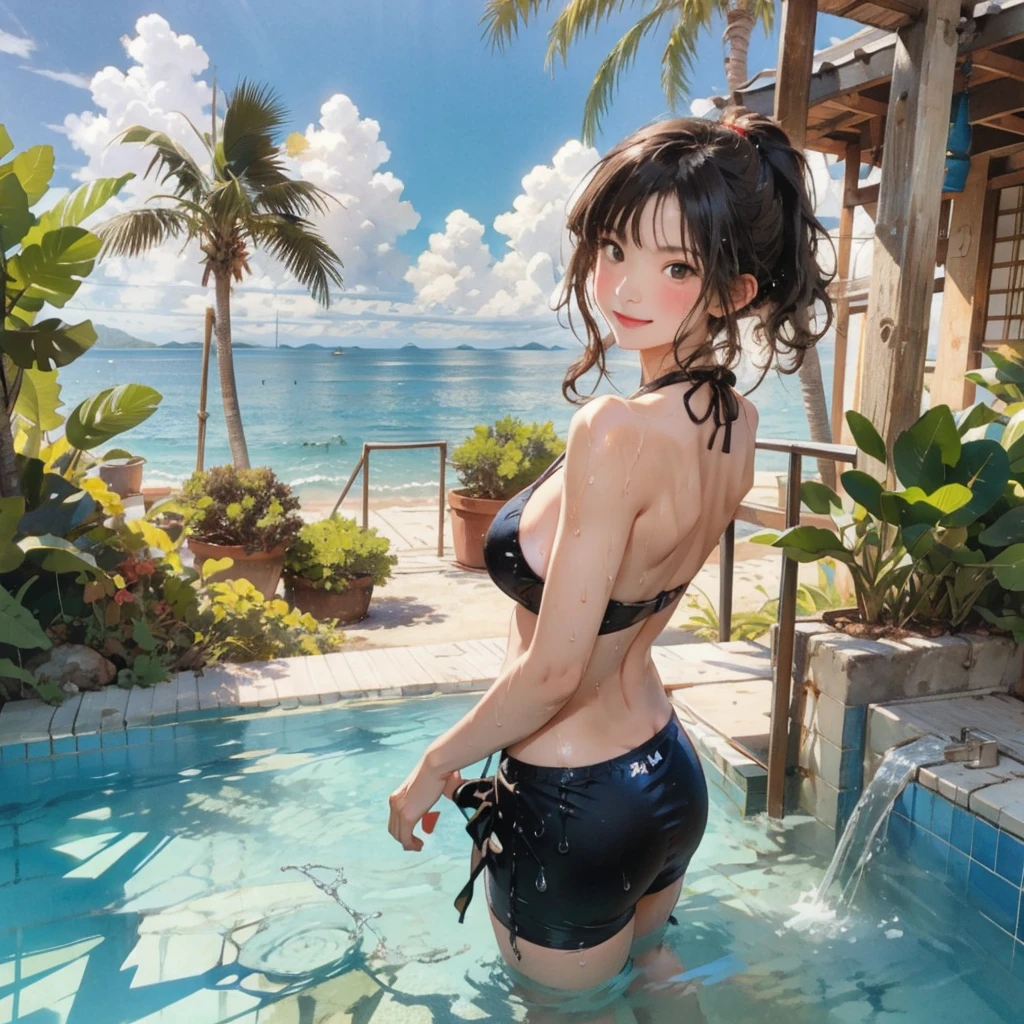 ((highest quality, masterpiece, High resolution)), ((reality)),Photos of beautiful Japanese women,((anime art))、 (((1 girl))), normal size breasts, slim body shape, long ponytail,double eyelid, Wet see-through bikini,Clean abs,muscular body, A pareo with bold ethnic patterns and plenty of primary colors、(Brown skin:1.4),realistic skin、Wet,whole body,cinematic light、tropical、Against the background of palm trees on both sides、on a sunny beach、With the sea in the background、blur background、smile