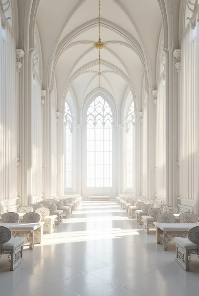 Can you create a huge royal hall??, very wide, with gothic style windows with white curtains, with completely white walls, French medieval style furniture, white carpeted floor, white carpets, completely white upholstery, very intense, through the white stained glass windows
