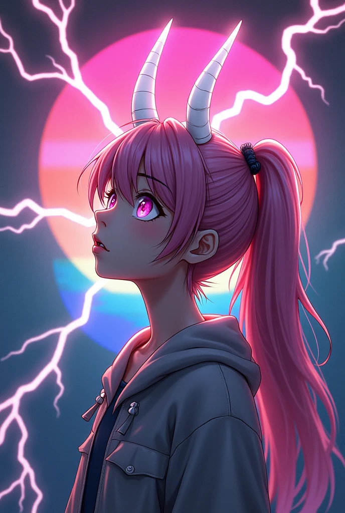 Create a femboy character in men's clothing with long pink hair tied in an anime ponytail with white demon horns on his head while lightning bolts come out of his horns as he looks up with the pansexual flag in the background