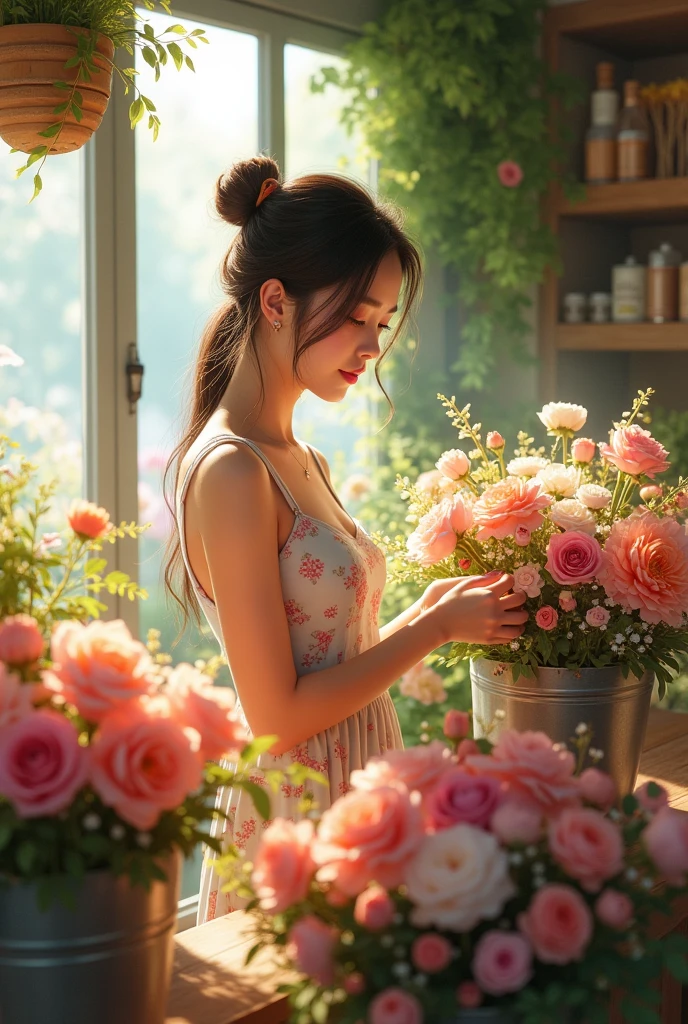 Asian girl in a flower shop