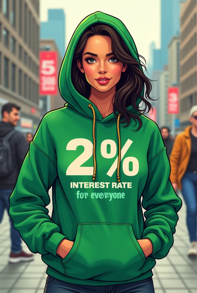 A lady wearing a green hoodie printed  "2% interest rate for everyone"