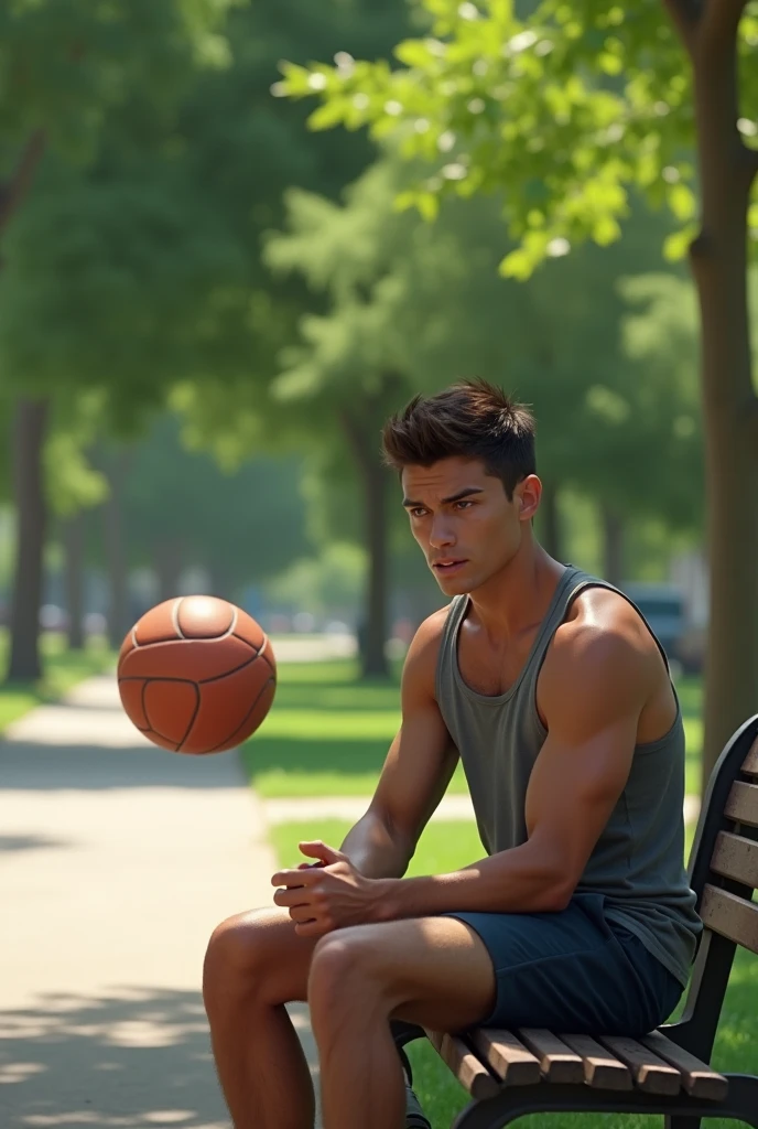 A medium shot of John sitting on a park bench, his body tensing as he notices the ball heading towards the street. His gaze is locked on the ball, his body slightly leaning forward, ready to spring into action.make the man more younger