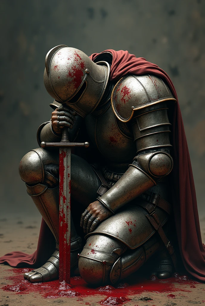 a medieval warrior, Profile, with the Bahia sports club shield torn and aged as an insignia on his shoulder, bent over on his knees with his forehead resting on his sword, with the helmet on his head and his armor shining and dripping with blood . Add the following sentence to the bottom of the image: "Don't ask me if I'm capable... just give me the mission!"
