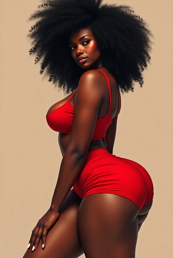 Nubian woman, black skin, ebody skin, dark skin, black afro, red croptop, underboob, hourglass figure, red short shorts, sneakers