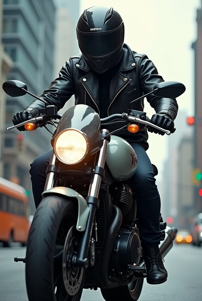 Man on a motorcycle putting on a helmet