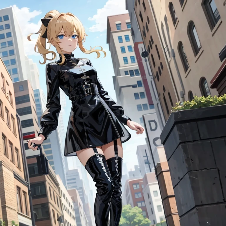 Best quality, expressive eyes, perfect face, One, blue eyes, short light ponytail, gin,  wearing a short black latex dress , shoes, genshin impact, totk, whole height, stands in the city,   