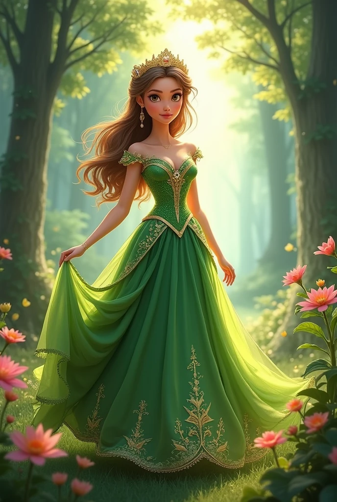 Animated princess in green and gold dress walking