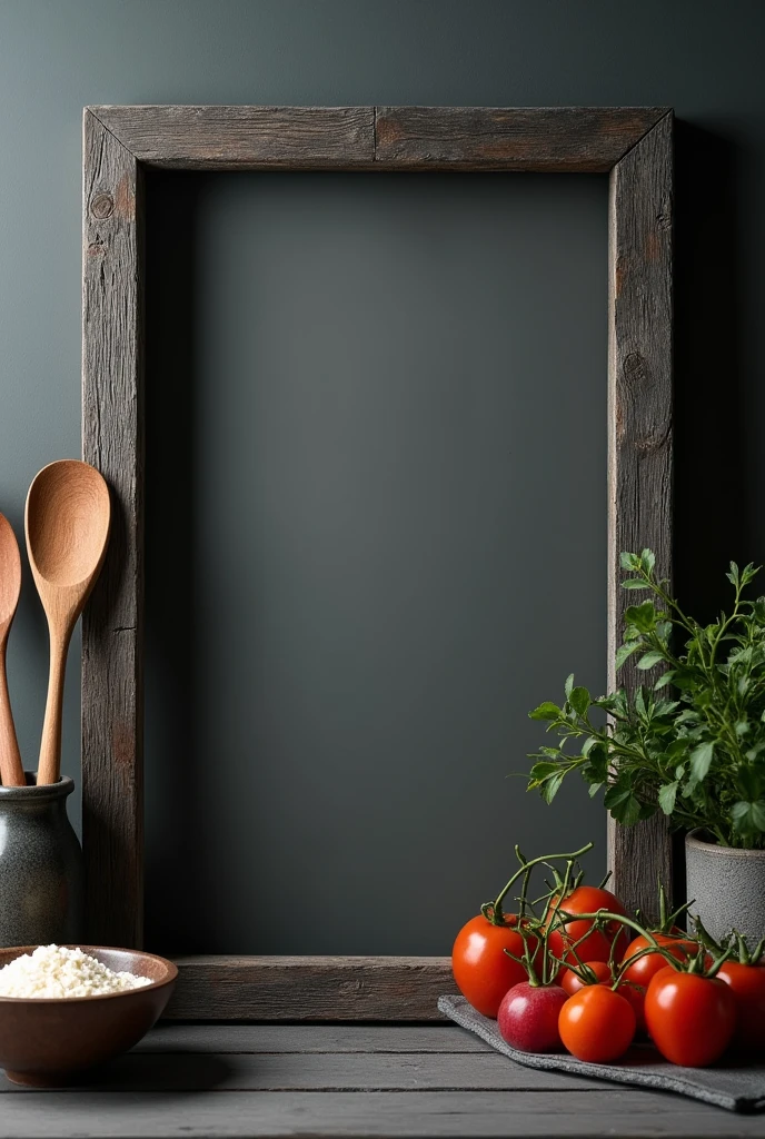 I need to generate an image for the background of a slide where it is a dark gray wooden frame with a blurred background and a few utensils at one end alluding to meats and seafood.
