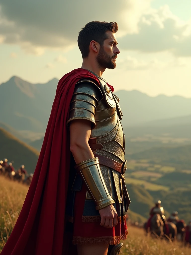 Julius Caesar, standing on a hilltop in full Roman armor with a determined expression, ancient Roman era, wearing a Roman general’s armor with a red cloak, on an elevated hill overlooking a vast Gallic landscape, Julius Caesar gazing into the distance with determination, distant mountains and a Roman army are seen in the background, medium shot, hyper-realistic, photo realism, cinematography -- ar 9:16