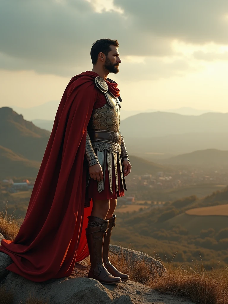 Julius Caesar, standing on a hilltop in full Roman armor with a determined expression, ancient Roman era, wearing a Roman general’s armor with a red cloak, on an elevated hill overlooking a vast Gallic landscape, Julius Caesar gazing into the distance with determination, distant mountains and a Roman army are seen in the background, medium shot, hyper-realistic, photo realism, cinematography -- ar 9:16