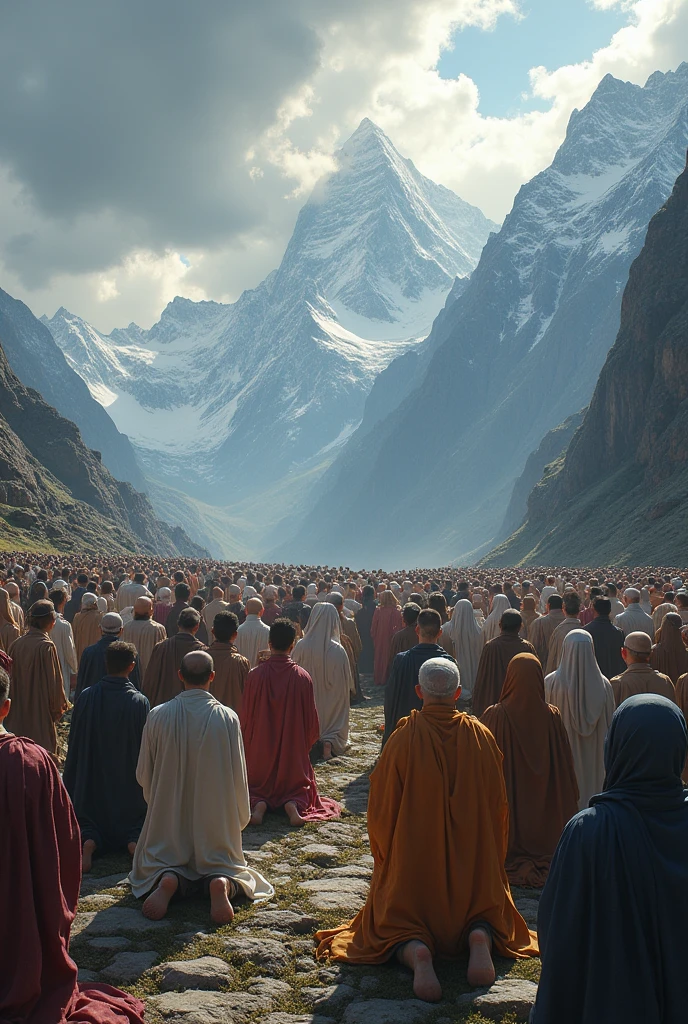 Many people praying on the mountain