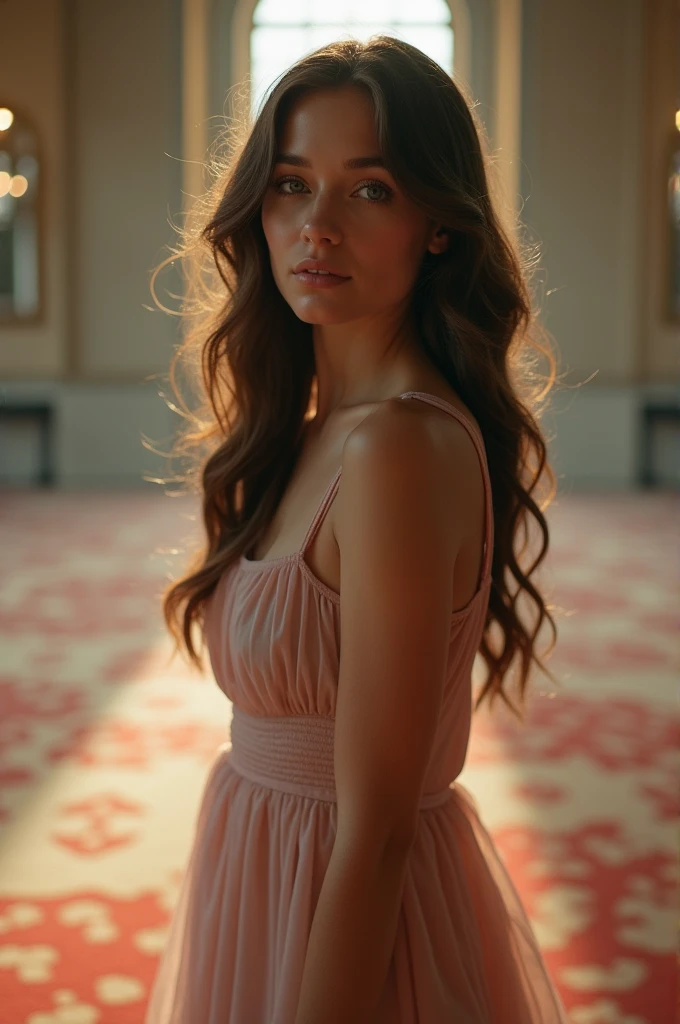 fot, taken from a distance seen full length, Female model, She is very young, plein-air, in a ballroom, sexy short dress, medium hips, Caucasian skin, sad for a lost love, long brown hair, a softened wry smile - contained excitement, Soft lighting on your face, realistic skin-clothes-hair textures, sky blue eyes carpeted mist, beautiful real textures and delicate aesthetics, full body view, dancing in the hall, notable for natural feminine beauty, noise, 8 k quality, FOTO RAW, by professional photographer, rule of thirds, Extremely Detailed
