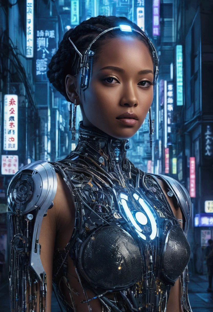 Cover design for a song about distrust and artificiality towards a woman created by an AI. The image must include a light-skinned black woman, with fine strokes, with an appearance that mixes human and technological elements, highlighting that it is &#39;made in AI&#39;. Use digital elements, as circuits or programming codes, to accentuate the artificiality. The scene should be the streets of Tokyo at night, with a light cyberpunk aesthetic. The predominant colors should be blue and silver. The woman must look elegant, but with an aura of mystery and a touch of robotics.