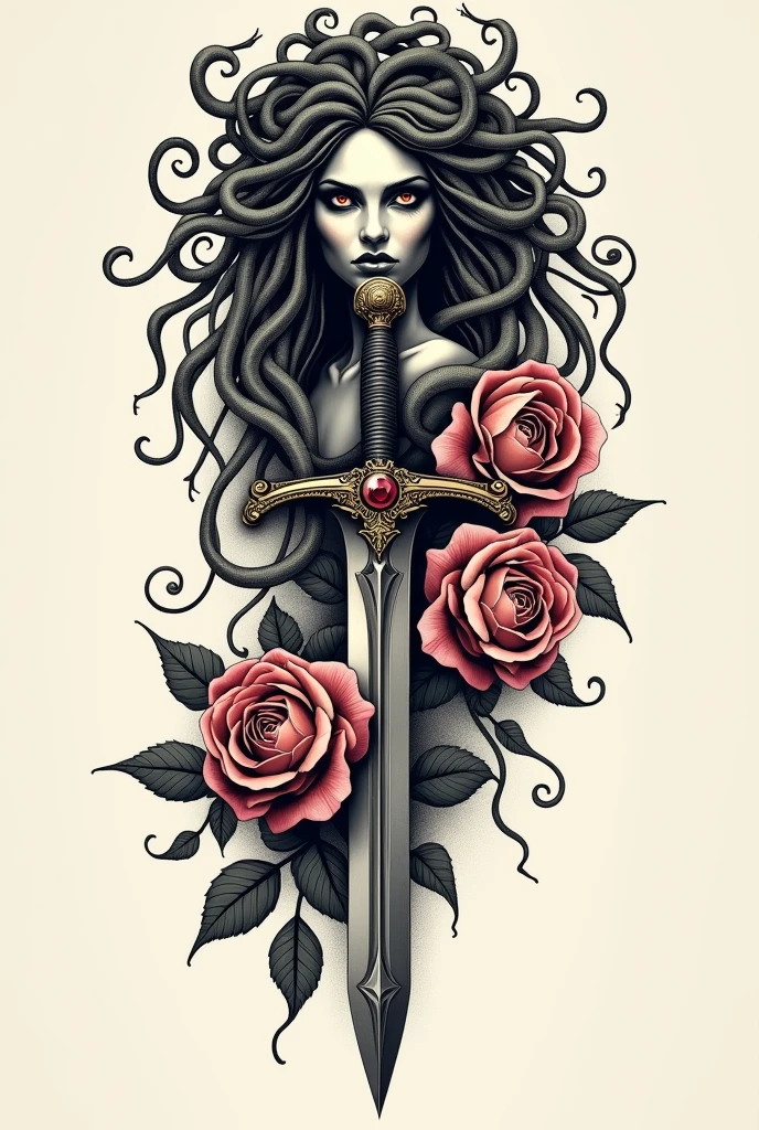 tattoo of medusa on top of a sword with roses around it