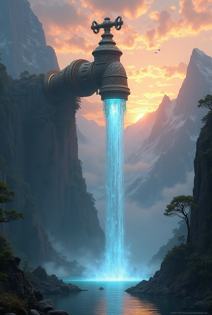 A (((gigantic spigot))) is l on top a mountain cliff, it is spillint out and  pouring out a waterfall into a lake, Hyper realistic, intricate details, glowing scenery, sunset, fantasy,   concept art