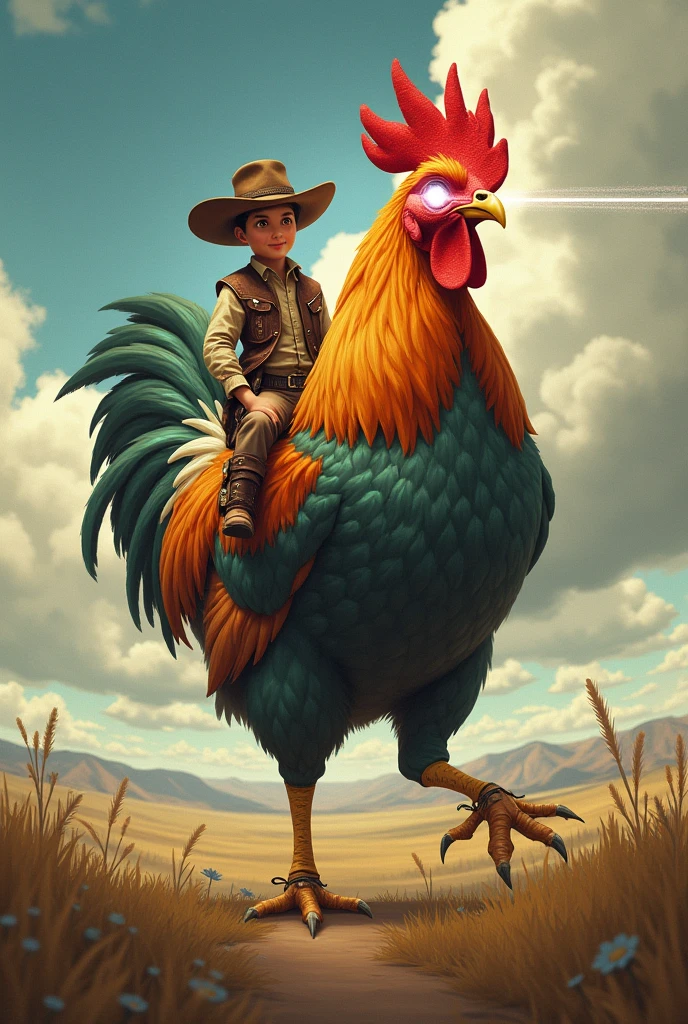 A chicken that shoots laser beams from its eyes being ridden by a miniature cowboy