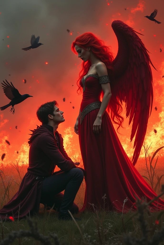 The red-haired princess and her mask on her face in an environment with red flames, kneeling before him with a sharp sword hidden behind his back, handsome, brunette and straight hair, The red-haired princess is smiling slyly at the prince, who is looking at the princess's angry and sly gaze with pleading eyes..The atmosphere is vivid and realistic, like a forest burning red, The green field burns in red. The prince kneels before the princess. JUST LIKE I TOLD YOU, CREATE THIS AS I TOLD YOU. NO, THE PRINCE KNEELS BEFORE THE PRINCESS..The princess looks taller than the prince, but the prince has fallen to the ground. The princess looks at him as if she is pleading. The princess grins slightly and looks into the prince's eyes..Prince, He kneels before his lady.Let it be realistic, Don't be an anime.LET IT BE REALISTIC AND THE PRINCESS SHOULD NOT LAUGH BUT GRIN.Just like that.Ama Princees'in kırmızı renkte kanatları olsun kanatlarından biri kopmuştur ve kan damlıyordur.Etrafta bir sürü karga uçuşsun ve kargalardan biri de Prince'in omzuna konsun.Let it be realistic, Let the wings be broken