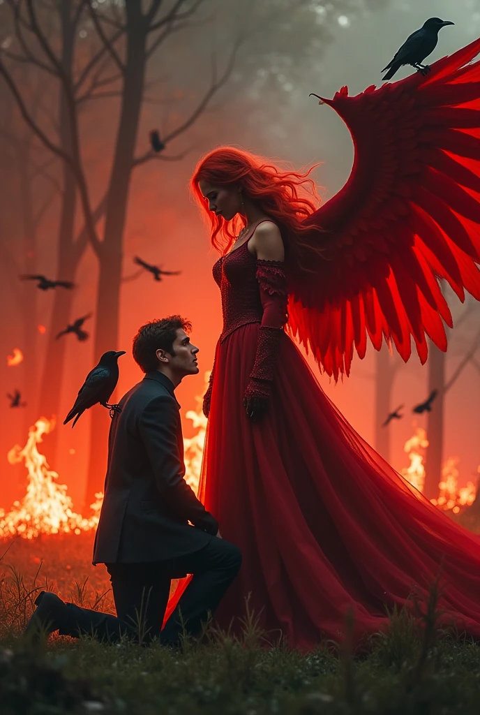 The red-haired princess and her mask on her face in an environment with red flames, kneeling before him with a sharp sword hidden behind his back, handsome, brunette and straight hair, The red-haired princess is smiling slyly at the prince, who is looking at the princess&#39;s angry and sly gaze with pleading eyes..The atmosphere is vivid and realistic, like a forest burning red, The green field burns in red. The prince kneels before the princess. JUST LIKE I TOLD YOU, CREATE THIS AS I TOLD YOU. NO, THE PRINCE KNEELS BEFORE THE PRINCESS..The princess looks taller than the prince, but the prince has fallen to the ground. The princess looks at him as if she is pleading. The princess grins slightly and looks into the prince&#39;s eyes..Prince, He kneels before his lady.Let it be realistic, Don&#39;t be an anime.LET IT BE REALISTIC AND THE PRINCESS SHOULD NOT LAUGH BUT GRIN.Just like that.Ama Princees'in kırmızı renkte kanatları olsun kanatlarından biri kopmuştur ve kan damlıyordur.Etrafta bir sürü karga uçuşsun ve kargalardan biri de Prince'in omzuna konsun.Let it be realistic, Let the wings be broken