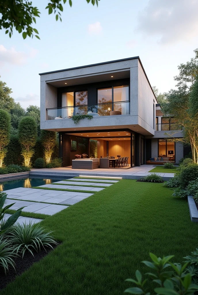 The project of a house on a 420 square meter plot. Modern two-story house. Grassy backyard with jacuzzi and garden, Gourmet area with barbecue and table to receive friends. Lighting in the garden and green area with hanging plants. 