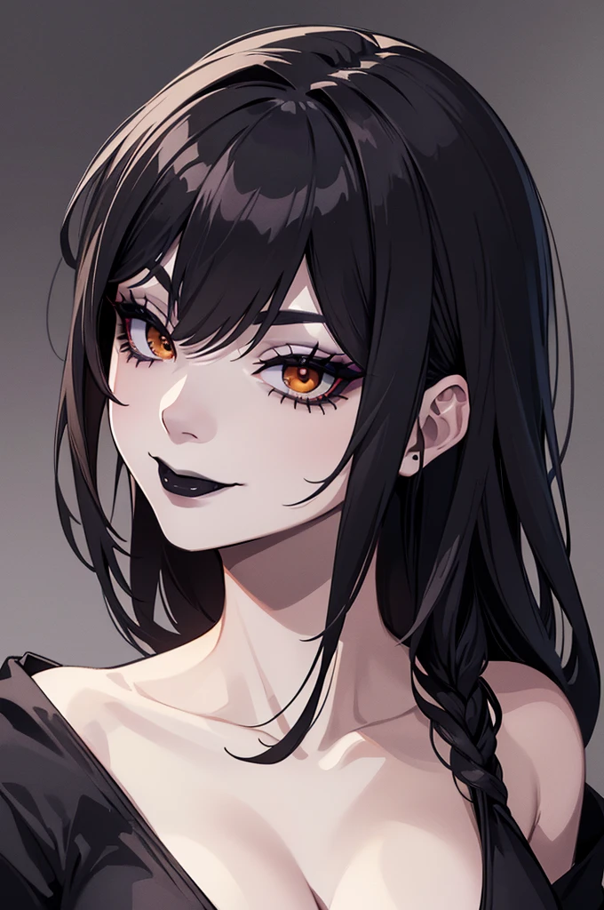 NSFW, 1Woman, ((best quality)), ((masterpiece)), (detailed), beautiful face, (defiance512:1.2), solo, (((black hair))), (((sexy goth outfit))), (((black lipstick))), (((eyeliner))), (((dark eyeshadow))), (((ahego face))), (((long hair))), (((big black eyes))), (((evil smile dominant expression))), (((bedroom background))), (evil:1.2), looking at viewer, (interview:1.3), intense seductive gaze, contrasting soft skin, (lighting:1.2), ((best quality)), ((masterpiece)), (detailed), perfect face, (((close-up face view)))