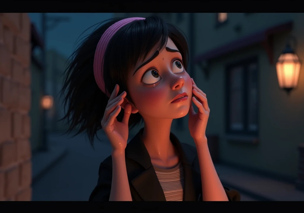 A woman with short black hair and a pink headband, black coat and striped blouse, falling into despair, crying and touching his face, the scene is dramatic and it&#39;s night time, disney pixar style 3d.