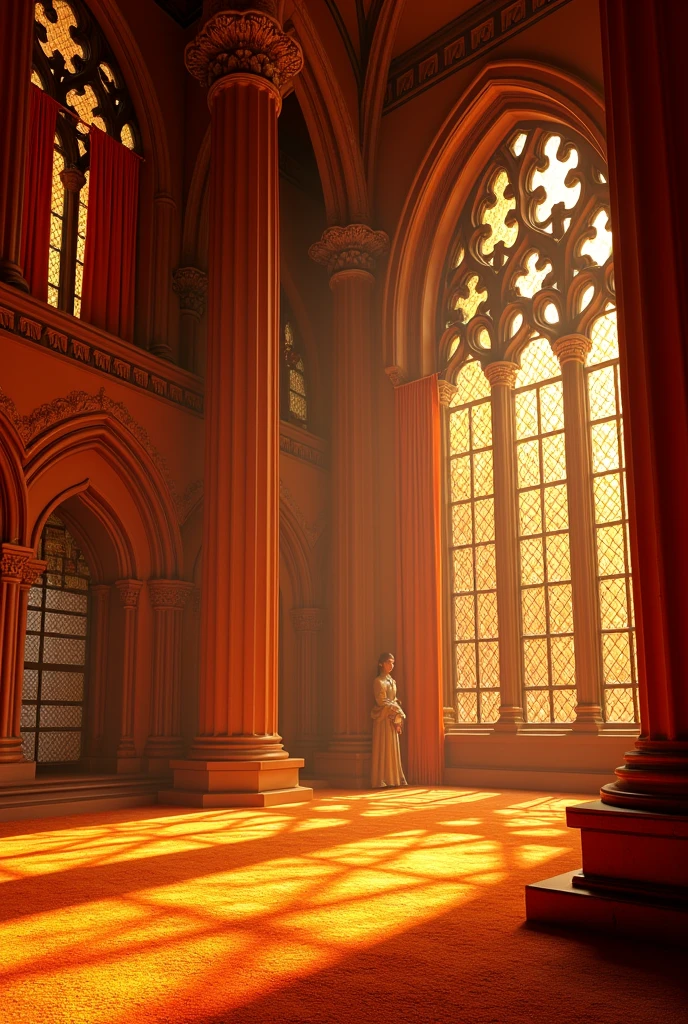 Can you create a huge royal hall??, very wide, with gothic style windows with orange curtains, with completely orange walls, French medieval style furniture, orange carpeted floor, orange carpets, completely orange upholstery, very intense, through the opaque orange stained glass windows
