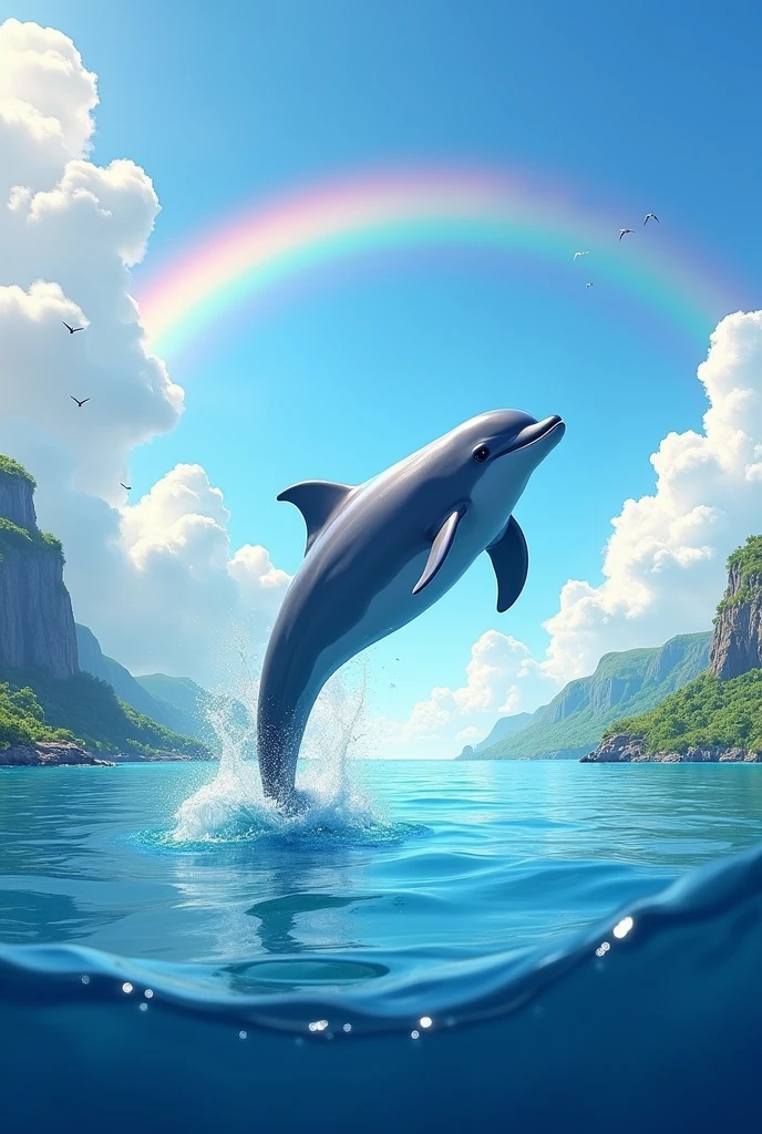 Dolphin jumping out of the water surrounded by beautiful scenery and rainbow