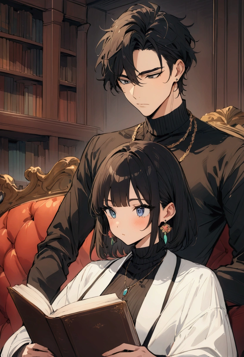 (masterpiece:1.3),(Highest quality:1.4),(Very detailedな:1.5),High resolution,Very detailed,8K Ultra HD,High quality,Wide range of colors, (2D anime style with a 90s anime aesthetic)、((A man of 26))、Uncontrived black hair、Short Hair、Bangs down style、Handsome、Blank expression、The location is a retro library、Sitting on the sofa reading a book。(The outfit is based on black fashion、Black turtleneck knit)Wearing earrings and a necklace。