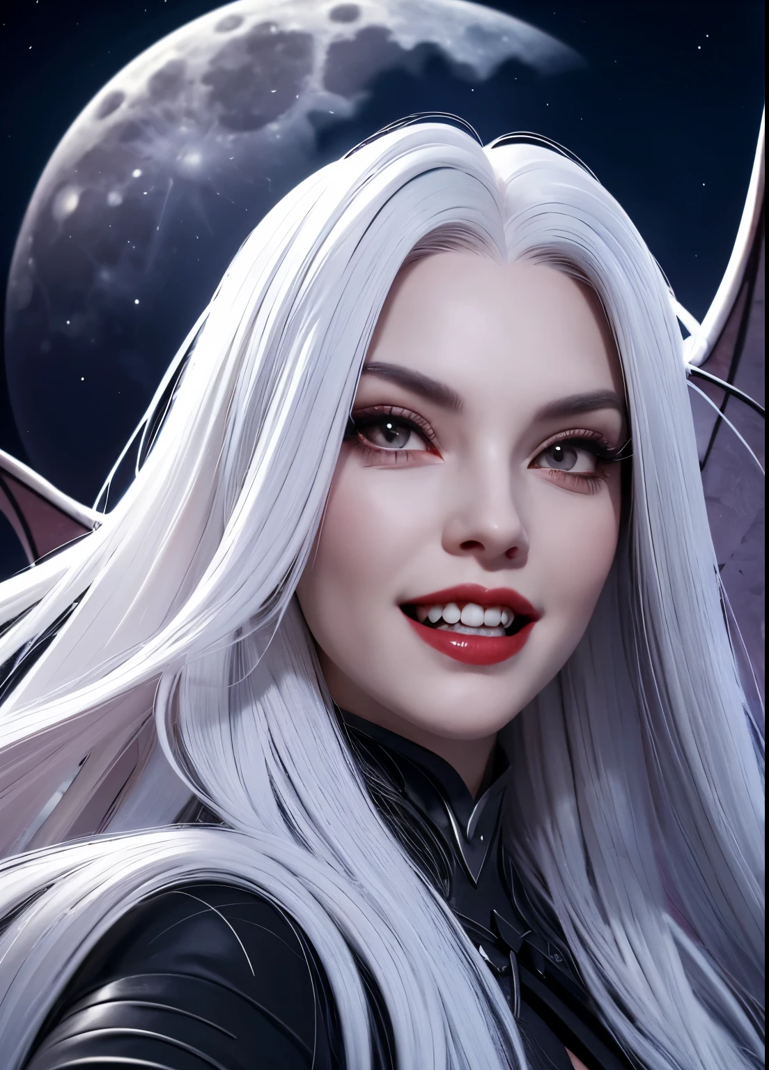 A woman with long white hair and vampire teeth looks into the camera, it is night and the full moon is in the sky while bats fly around, she has very red lips and is beautiful. ​masterpiece,4K,ultraHD,HD,muito detalhado