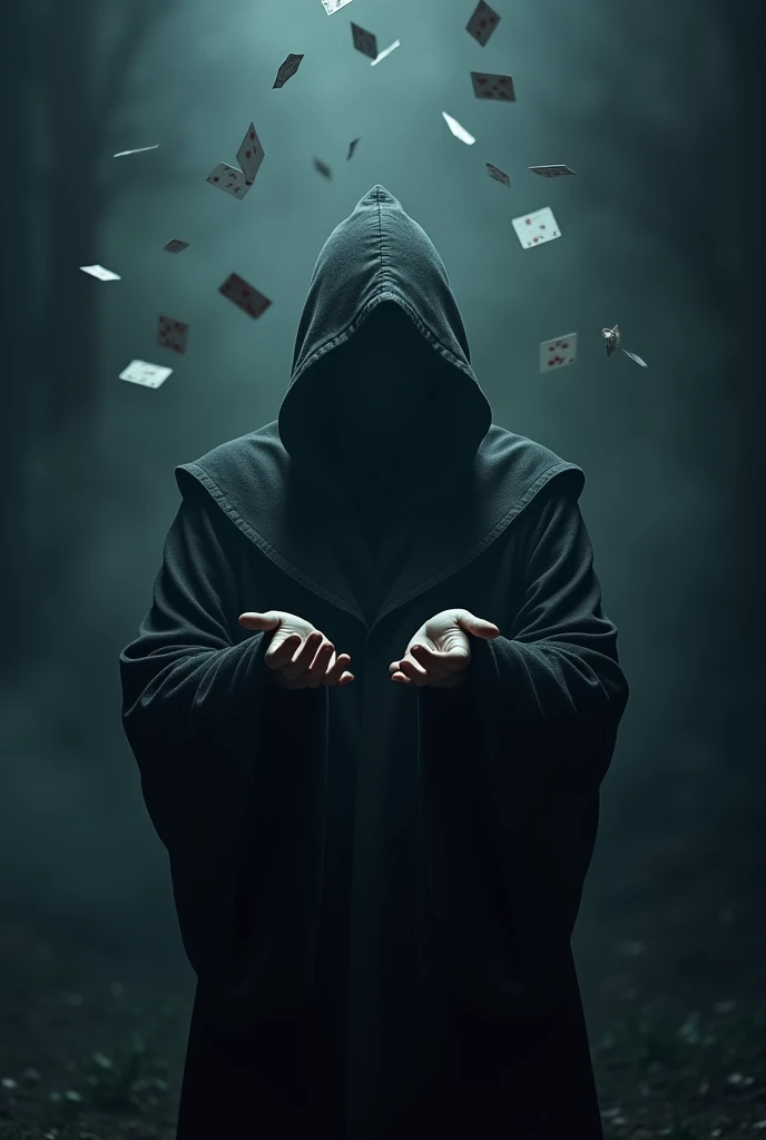 Just shadows of wizard in the darkness throwing cards up