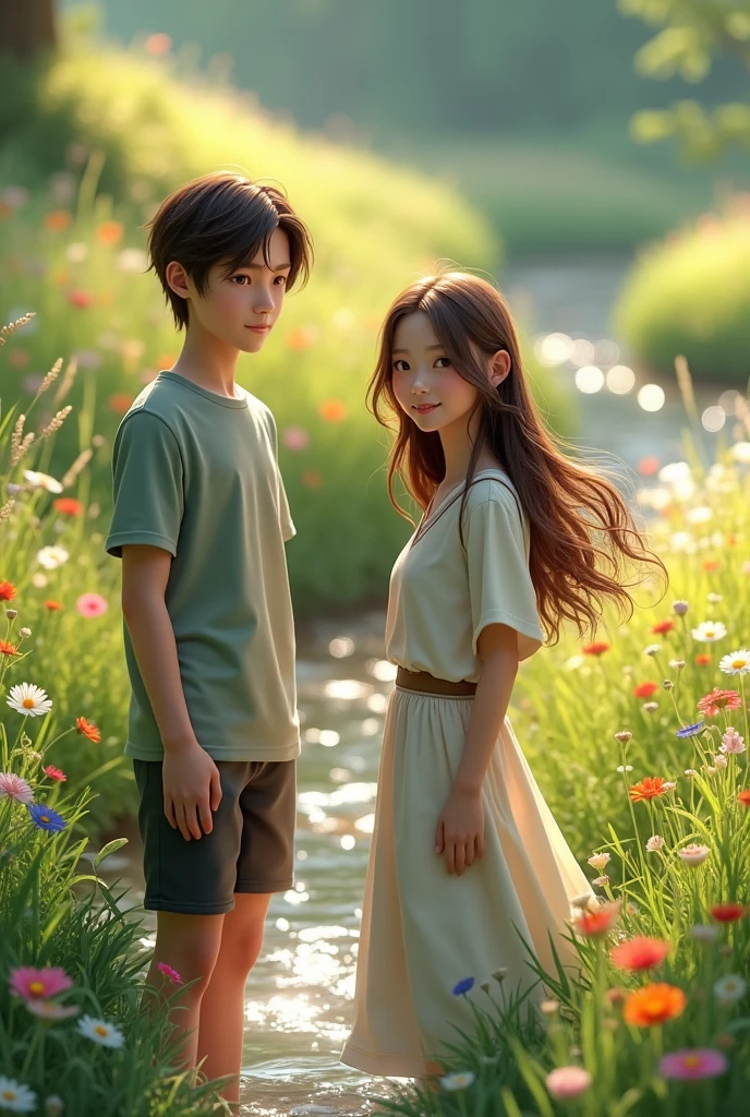 A  girl with long hair, light brown eyes and delicate hands, A 1 boy with medium long hair and dark brown eyes is in a meadow full of flowers and a stream that is realistic 