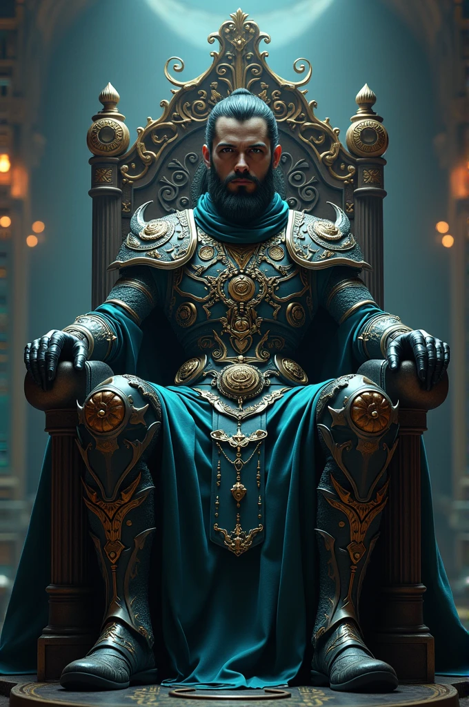 I want to see Manu Rios in armor with psychic powers and around him, I want to see him sitting on a throne and looking very imposing and authoritative But change his face a little because it's not right if we don't change it a little Can you do that please ?