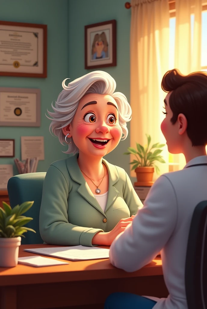 Disney style image, of a smiling older adult, in medical consultation