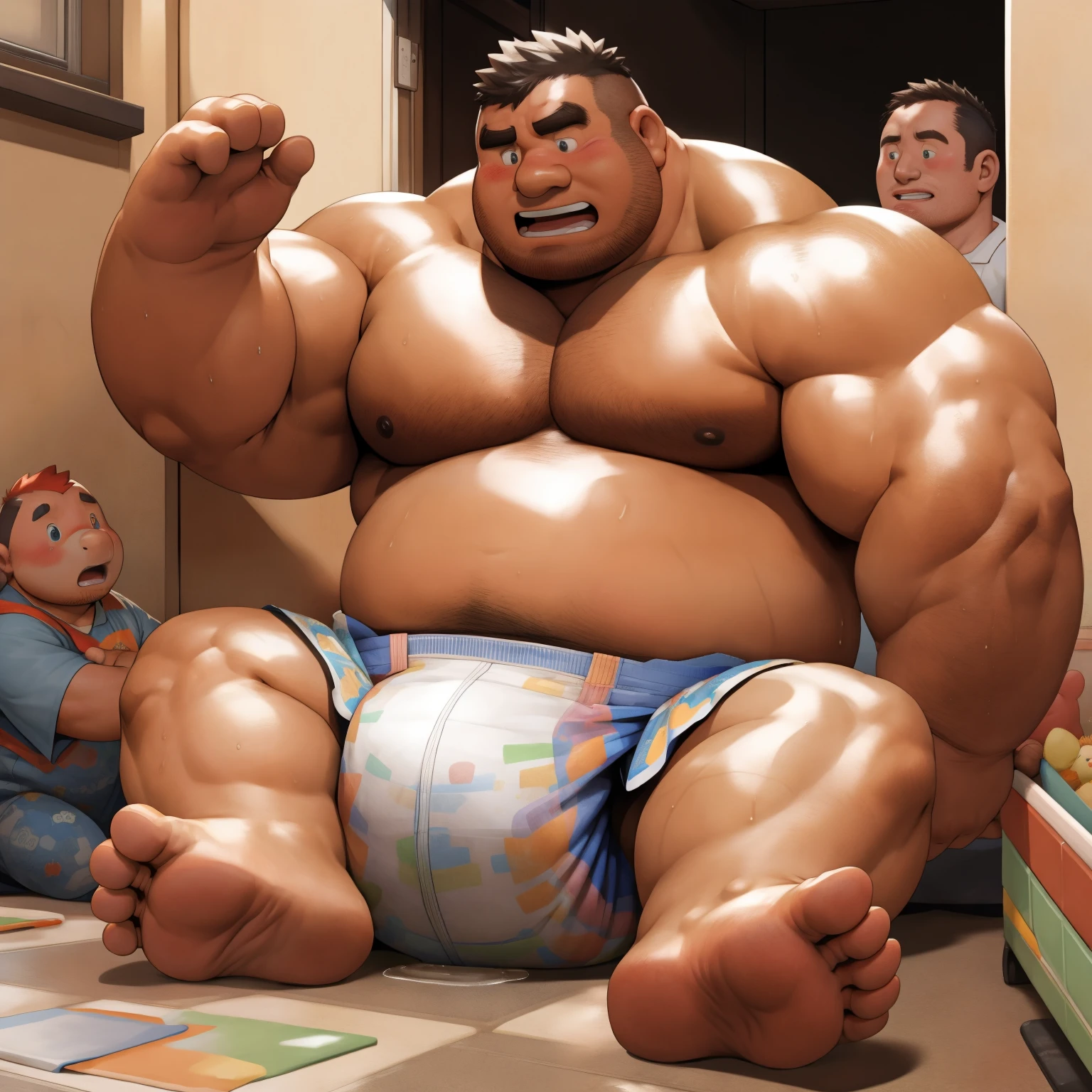 masterpiece, Top quality, in 32K, perfect anatomy, hyper detailed, super fine illustration, The thick man is a brutal retarded prisoner, hairy human, 50yo in Japan, (fatness: 1.0), Fatty muscle, Bowleg, disappointment, incontinent, shy, sissy, Weaker than children, Drool, Round face, be diaper check by children, waddle, There is a small puddle under him, incontinent, Bowleg, spread legs, wear a White cloth Diaper, Bare belly, Bare legs, Bare foots, Bare soles, Shirtless, wide forehead and short thinning hair, Man with round face with stubble, Bare foots, Bare soles, He enters nursery school and is despised by children, He surrounded by children, His bottom is wet, Bare foots, big butt, he is scolded by the children, White Diaper, He surrounded by children, sobbing, wear a White cloth Diaper, shirtless, There is a small puddle under him, big butt, sobbing, He waddle to go to children, side view