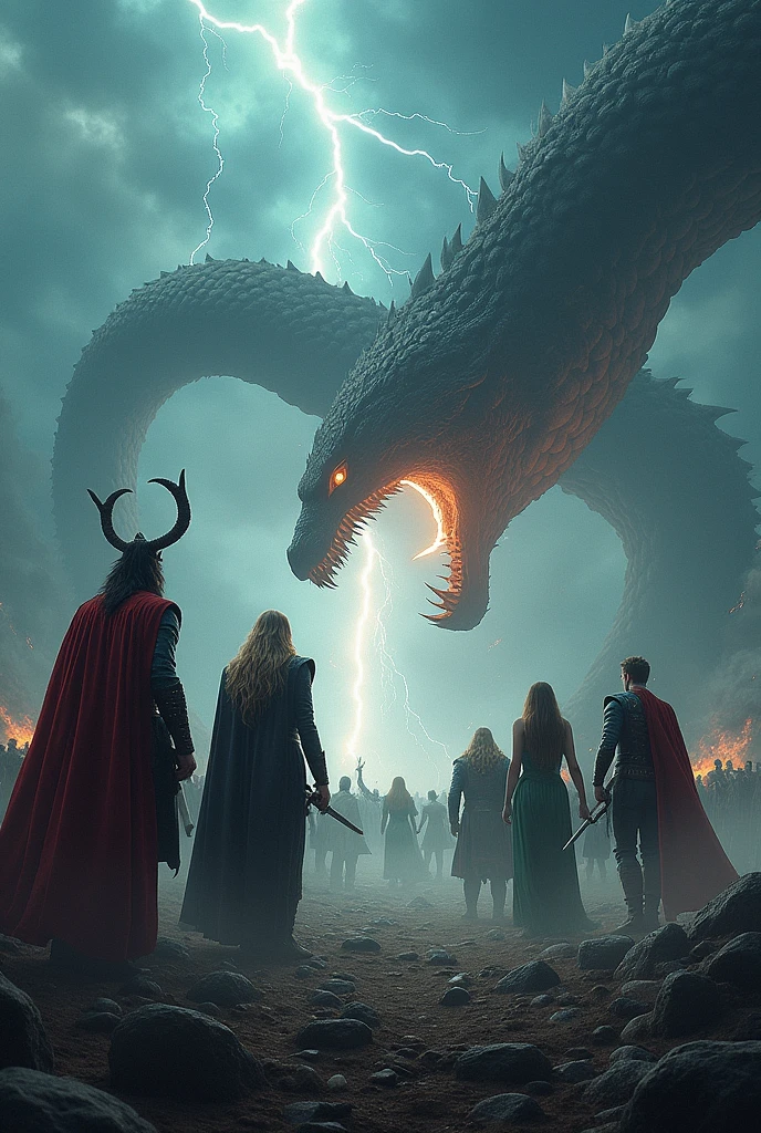ragnarok on one side loki and the wolf and the world serpent on the other side odin thor freya a picture for a banner