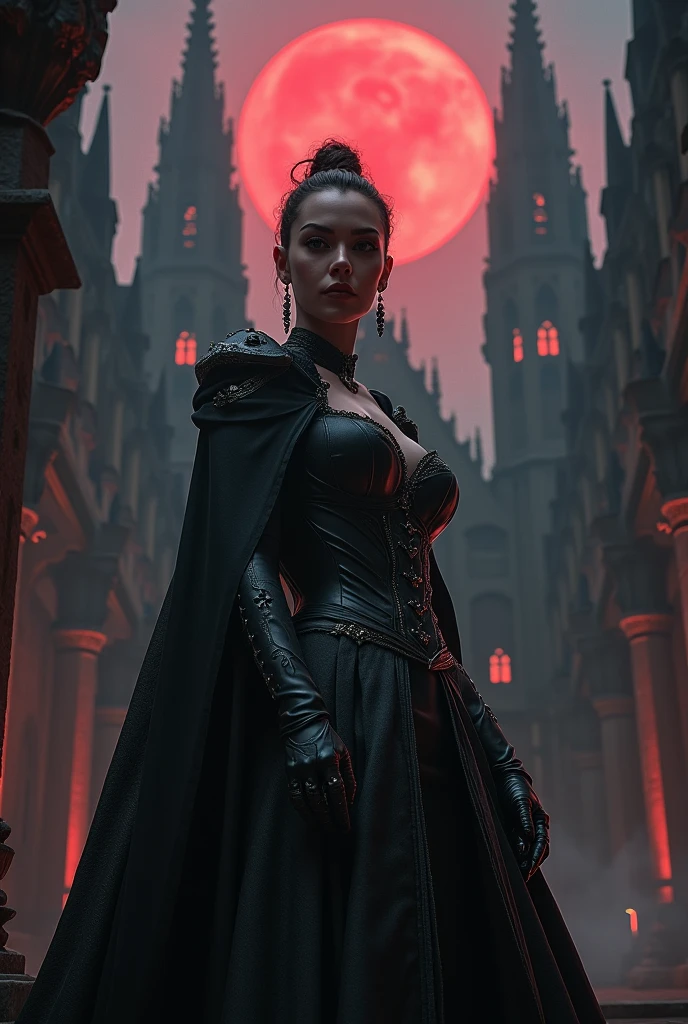 The image features a stunningly detailed 8k RTX photorealistic cinematic shot of a beautiful, voluptuous sexy queen of the Gothics standing proudly in front of a high Gothic cathedral. By her side, a menacing gargoyle looms, adding to the dark and mysterious atmosphere. The red moon casts an eerie glow over the scene, enhancing the gothic architecture and intricate details of the cathedral. The composition is framed in a wide angle view, with smooth lines and realistic 3D dark effects creating a whimsical and captivating portrait of a woman in a fantasy style. The ZBrush final render and additional Blender details bring depth and richness to the image, capturing the essence of gothic beauty and mystery.


