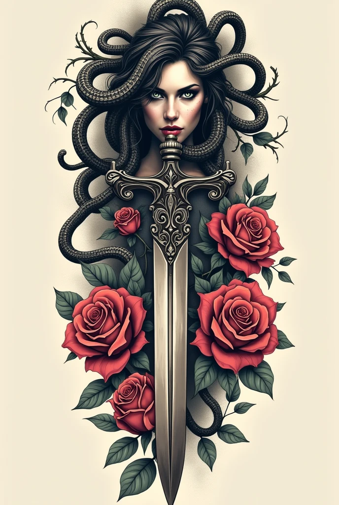 tattoo of medusa on top of a sword with roses around it